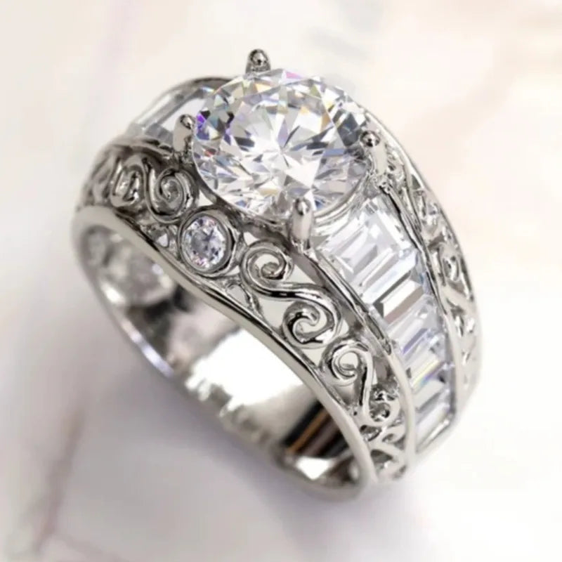 Aesthetic Inlaid White CZ Women's Ring Trendy Silver Color Hand Carving Daily Wear Party Jewelry Anniversary Gift