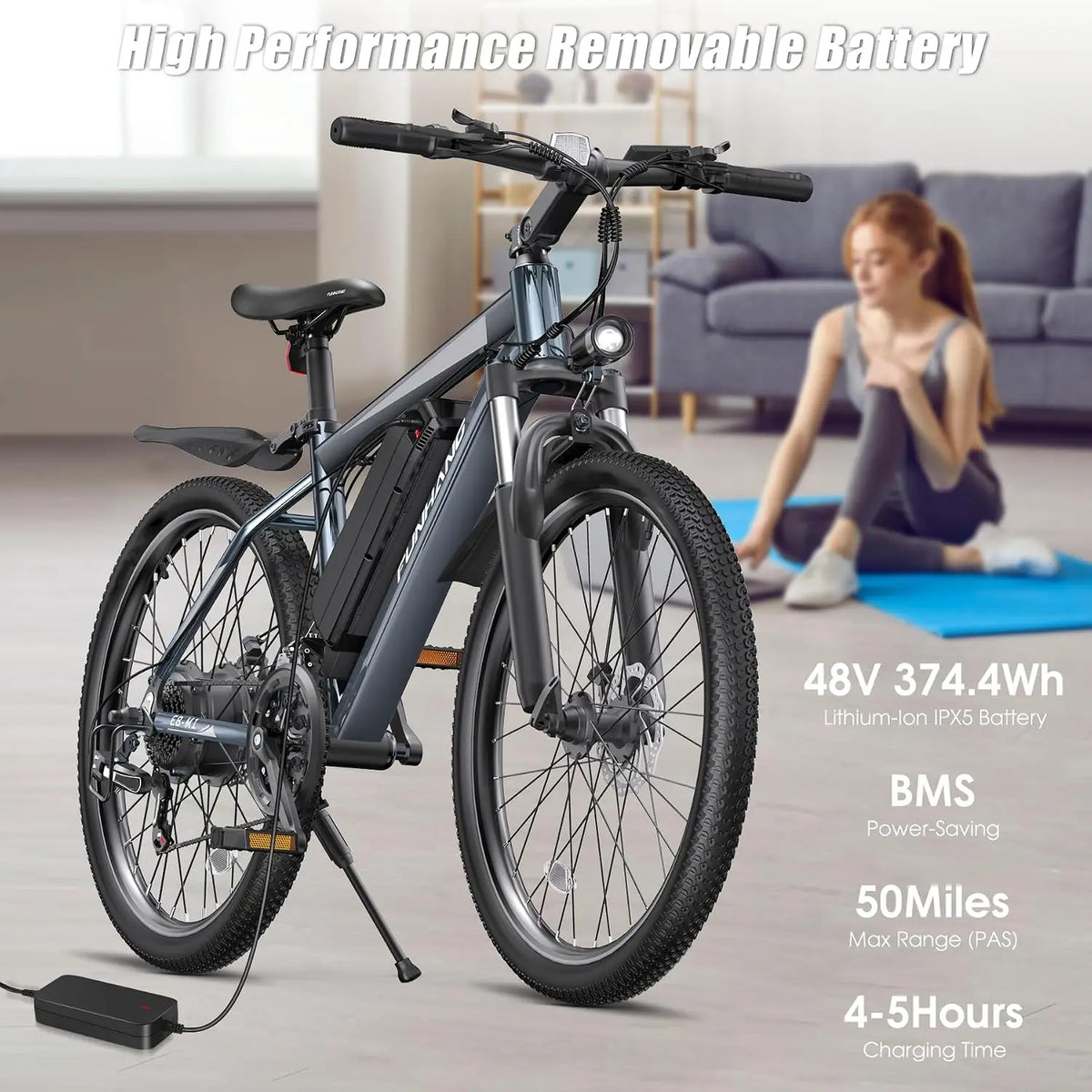 Electric Bike 1000W Peak 50Miles 26" 48V Removable Battery Fenders 7 Speed Front Suspension UL, Customized