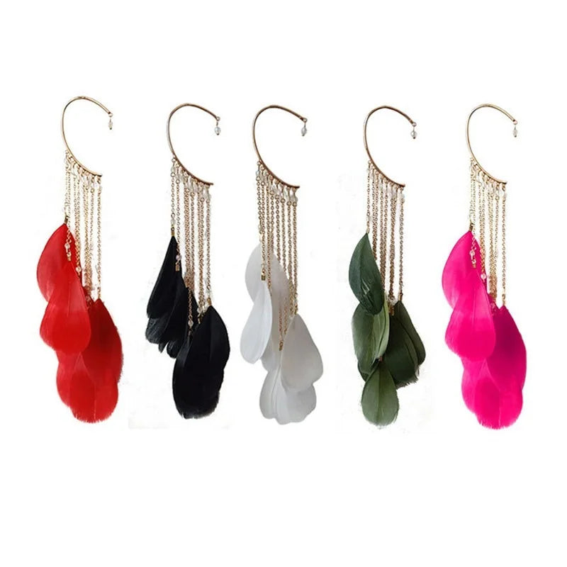 Bohemian Colour Feather Ear Hook Clip on Earrings Without Piercing for Women Accessories Long Tassels Cuff Earring Jewelry