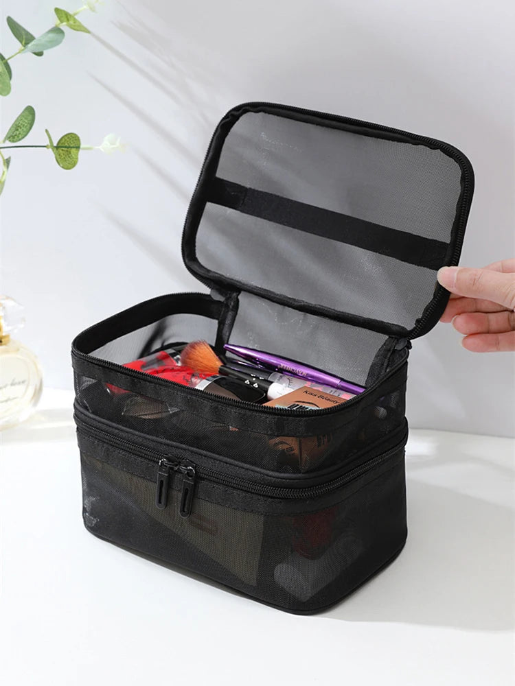 Double Layer Mesh Makeup Bag, Wash Bag, Women's Portable New Large Capacity Storage Bag, Cosmetics Storage Bag