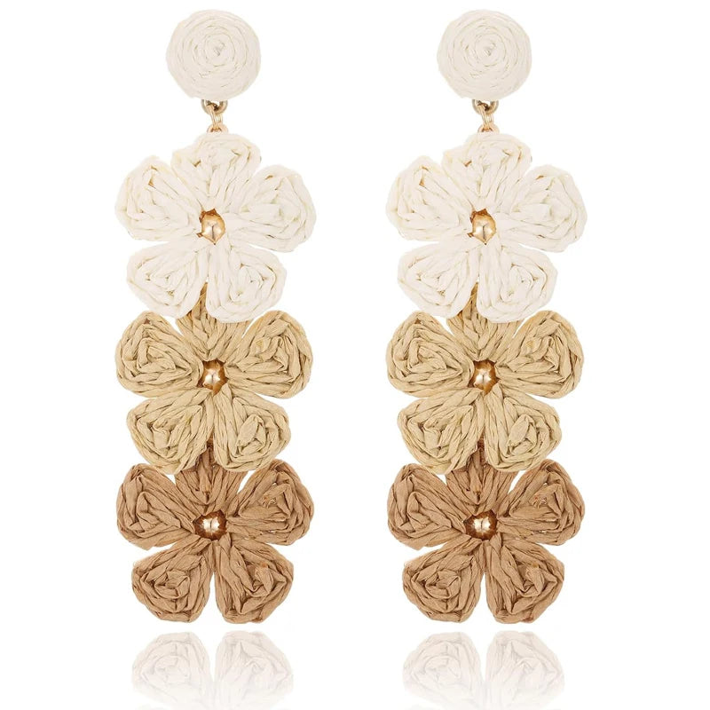 Raffia Flower Earrings for Women Mom, Raffia Straw Wrapped Flower Drop Dangle Earrings Summer Tropical Beach Jewelry Gifts
