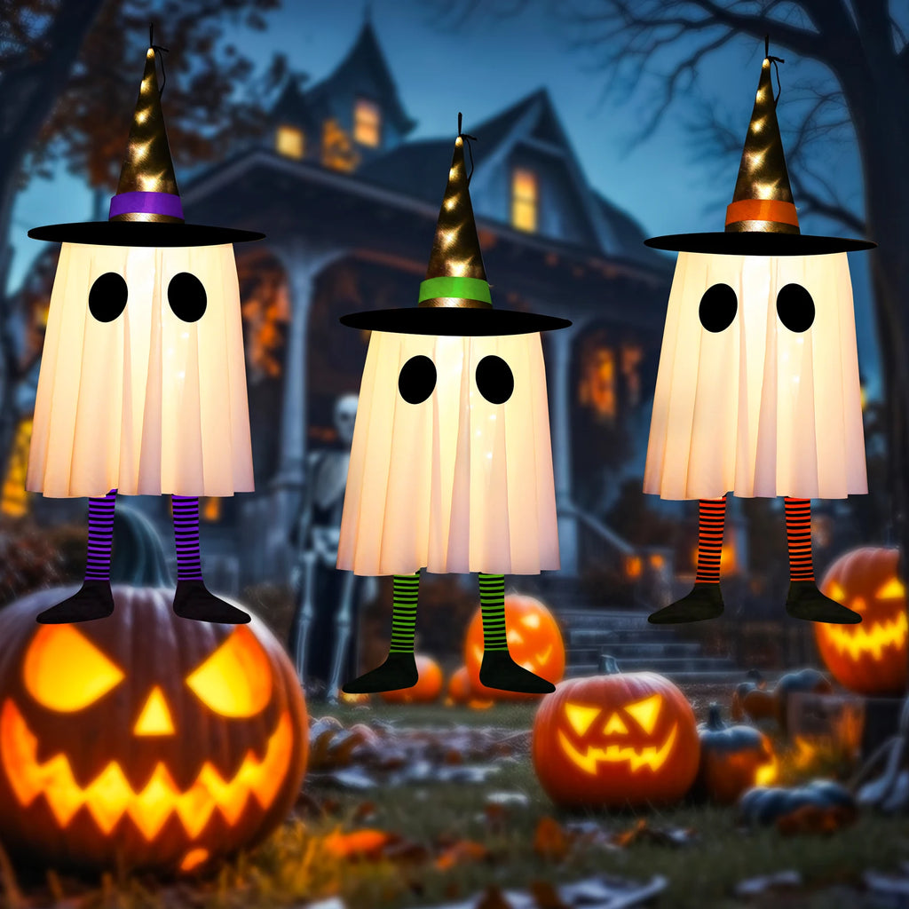 Halloween Hanging Ghost Decorations Outdoor, Glowing Ghost with Witch Hat String Lights for Yard Patio Garden Tree Decoration