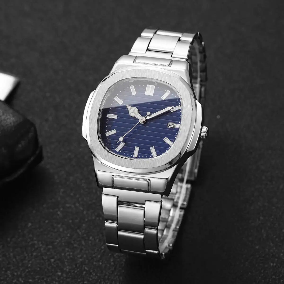 Luxury Men Business Watches Fashion Square Dial Stainless Steel Strap Quartz Watch with Calendar For Mens Clock（Without Box）