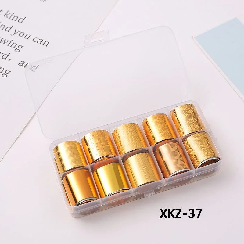 10 Rolls/ Box Charm Nail Foils Polish Stickers Metal Color Starry Paper Transfer Foil Wraps Adhesive Decals Nail Art Decorations