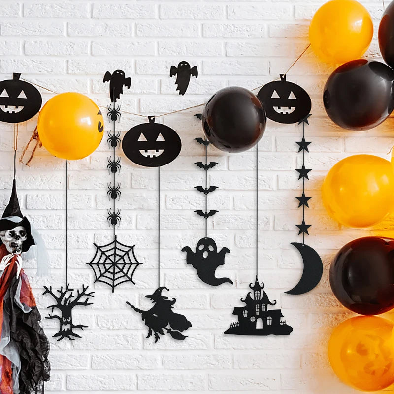 1set Halloween Decoration Banner Bunting Scary Spider Ghost Bat Hanging Garland Pull Flag Pendant For Halloween Party Home Decor