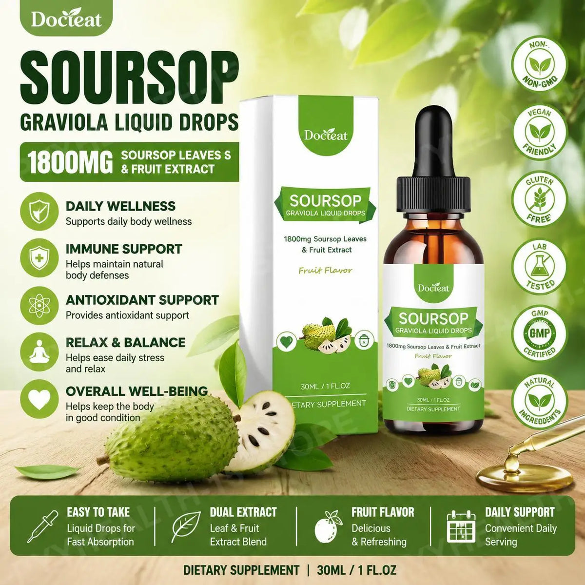 DOCTEAT Soursop Graviola Liquid Drops, 500 mg Leaf & Fruit Extract, 1800 mg Raw Herb Equivalent, Daily Vitality Support, 30 mL