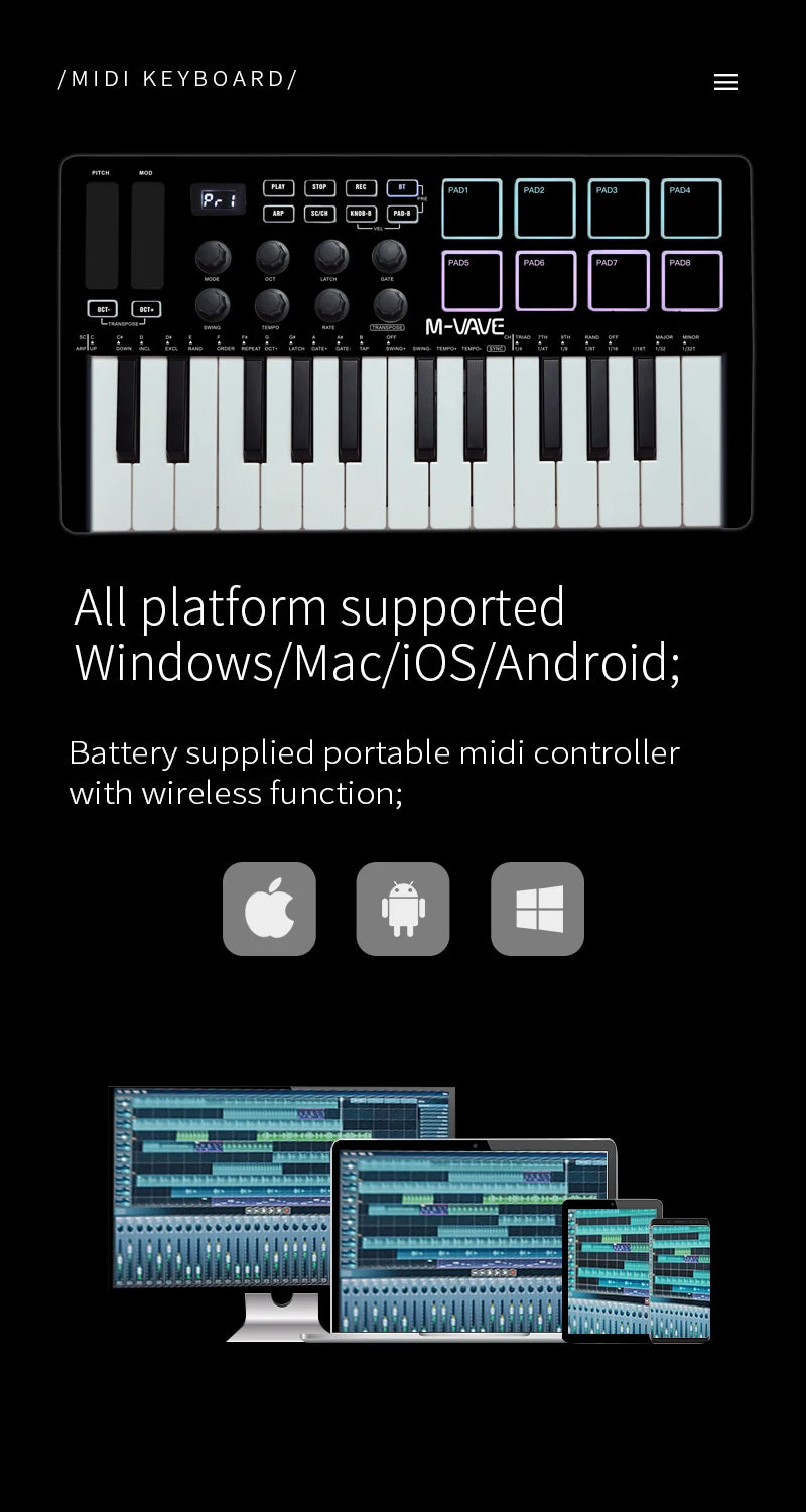 M-VAVE Portable MIDI 25-Key USB MIDI Keyboard Controller with 8 Backlit Drum Pads 8 Knobs 8 RGB Music Keyboard Instruments