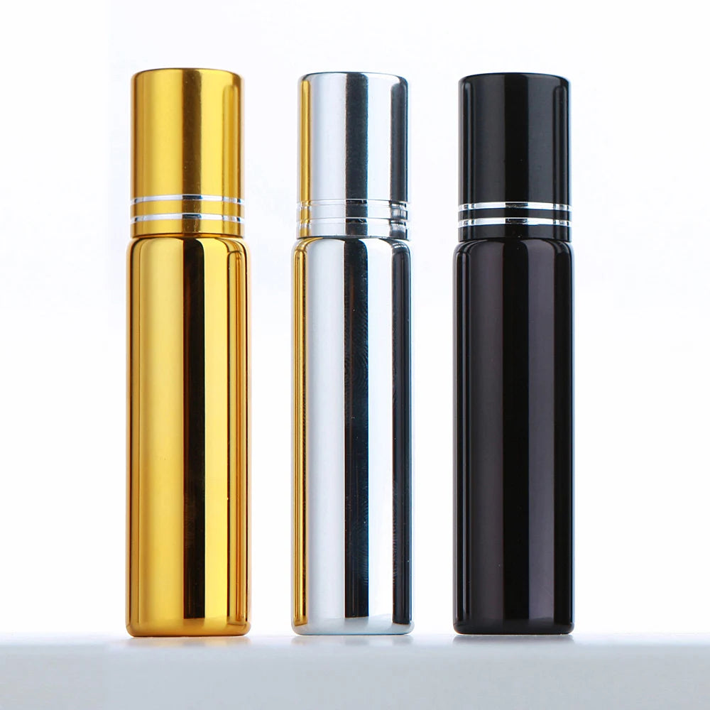 50 Pcs/Lot 10ml Electroplated Roll On Perfume Bottle Refillable Essential Oil Bottles With Box Roller Glass Vials LOGO Pay Extra