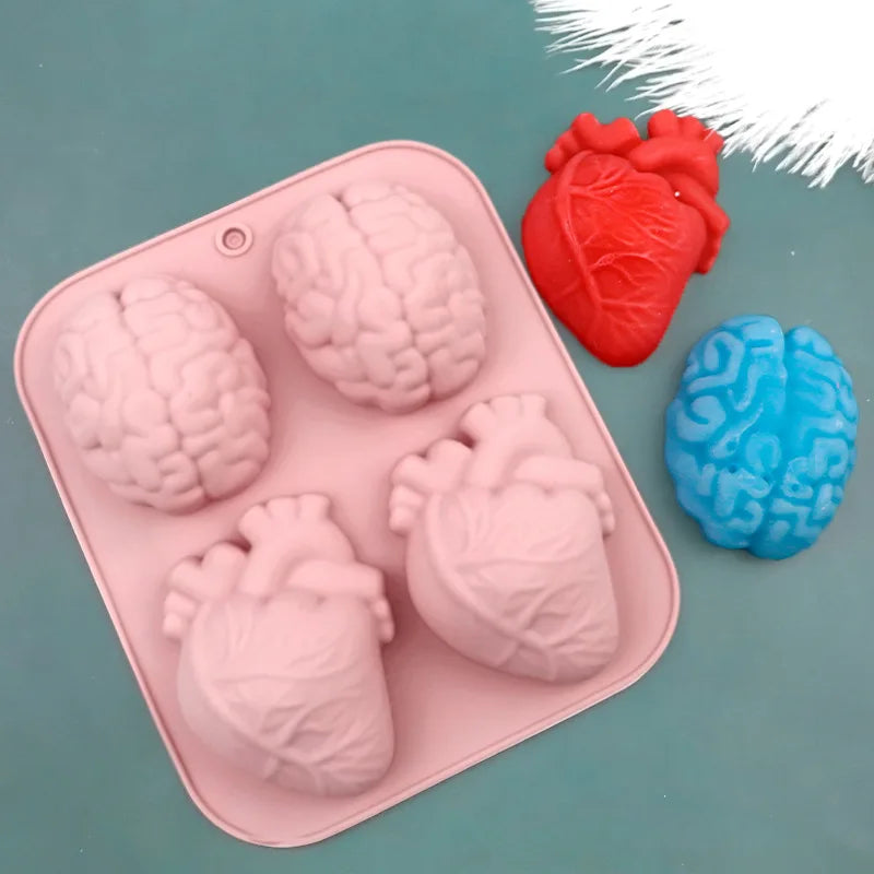 2 Cavity Heart Head Silicone Scent Candle Mold Human Brains Plaster Resin Mold Handmade 3D Organ Halloween Decor DIY Craft Gifts