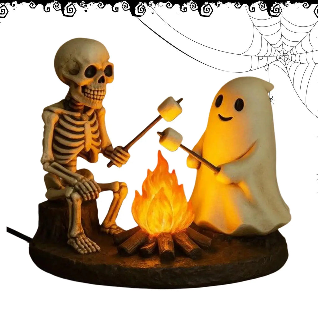 Halloween Skeleton & Ghost Bonfire Night Lamp, Flickering Campfire Nightlight, Spooky Indoor Tabletop Home Decoration Ornament