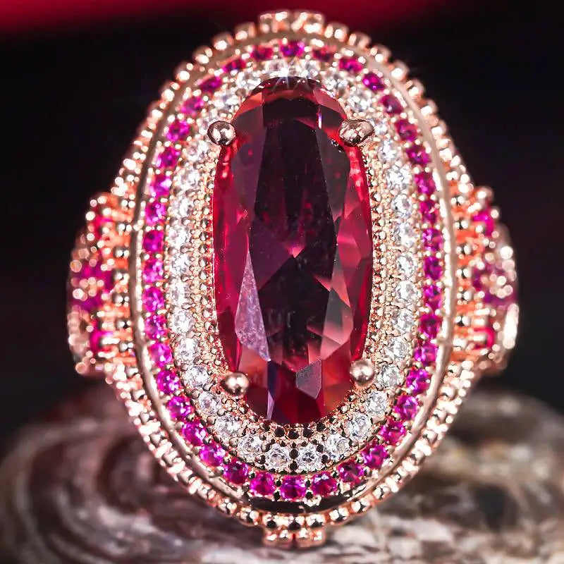 Huitan Noble Wome Ring Elegant Party Engagement Fashion Accessories for Lady Charming Anniversary Gift Inlaid Shiny Red Oval CZ