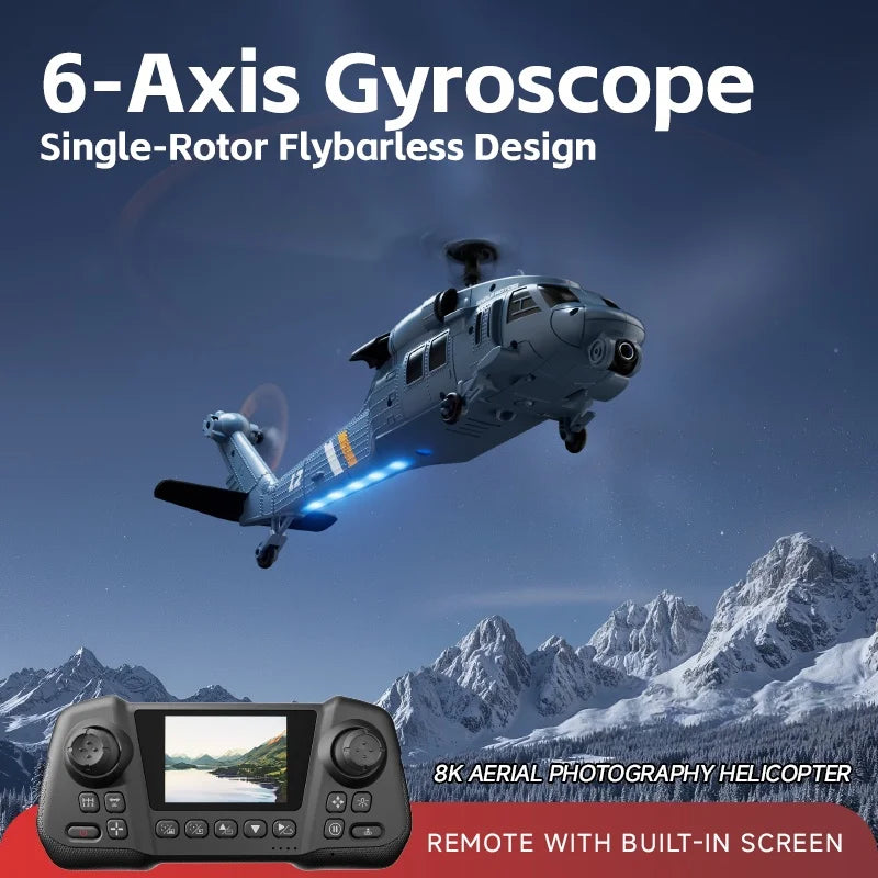 8K HD Camera RC Helicopter With LCD Screen Optical Flow Positioning One Key Takeoff WIFI FPV RC Airplane Single-Rotor Flybarless