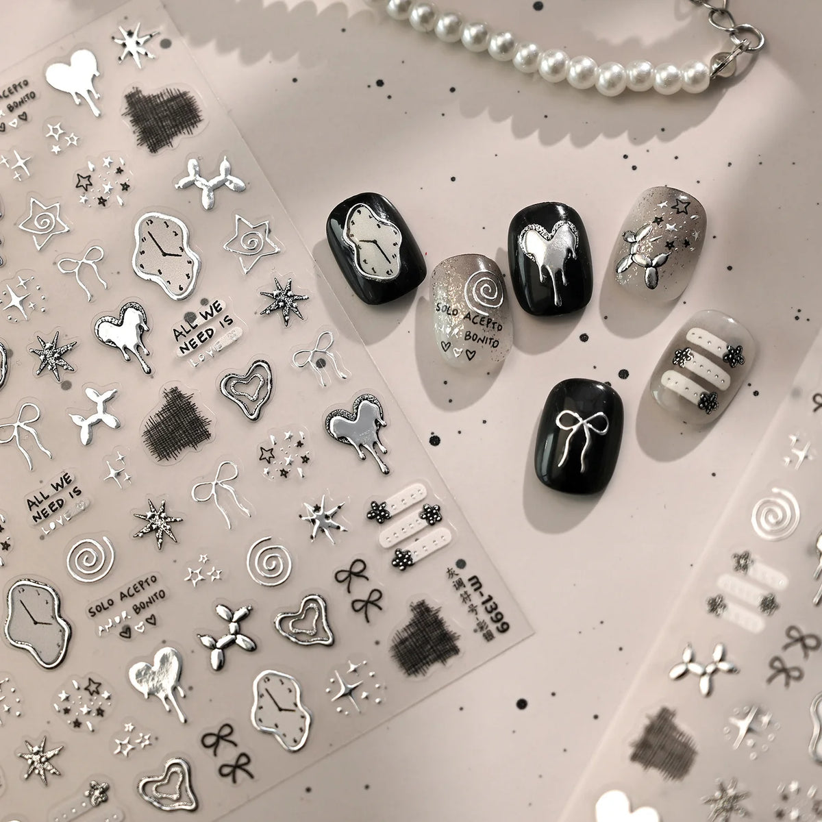 5D Nail Stickers Cute Stars Bow Nail Art Stickers Silver Metallic Metal Graffiti Gray Y2K Symbol DIY Nail 3D Decorations Decals