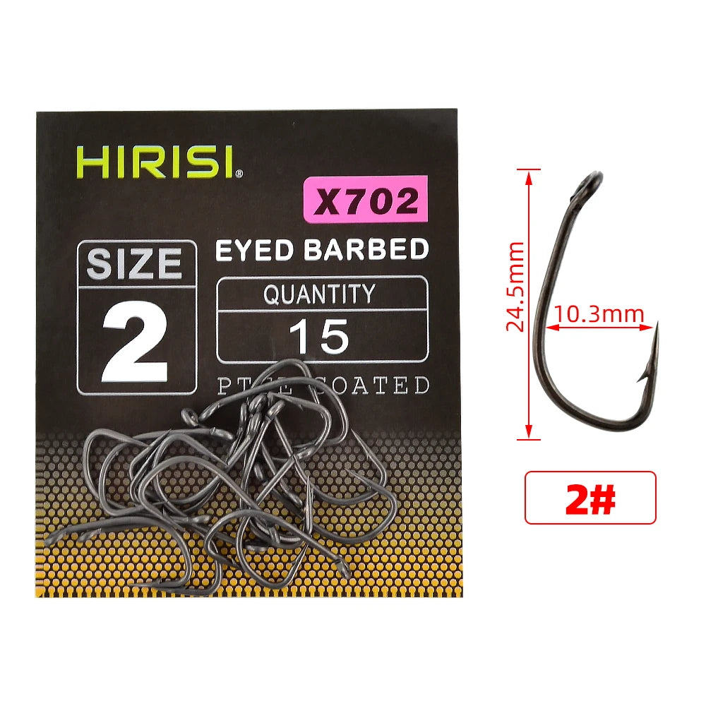15pcs PTFE Coated High Carbon Steel Barbed Fish Hook With Eye  Carp Fishing Accessories X702