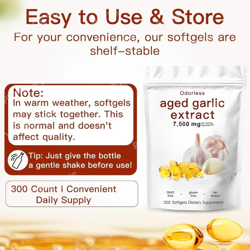 Aged Garlic Extract 300 Count Odorless Organic Capsules Supplement for Immune Support Vegetarian Non-GMO All-Natural Softgels