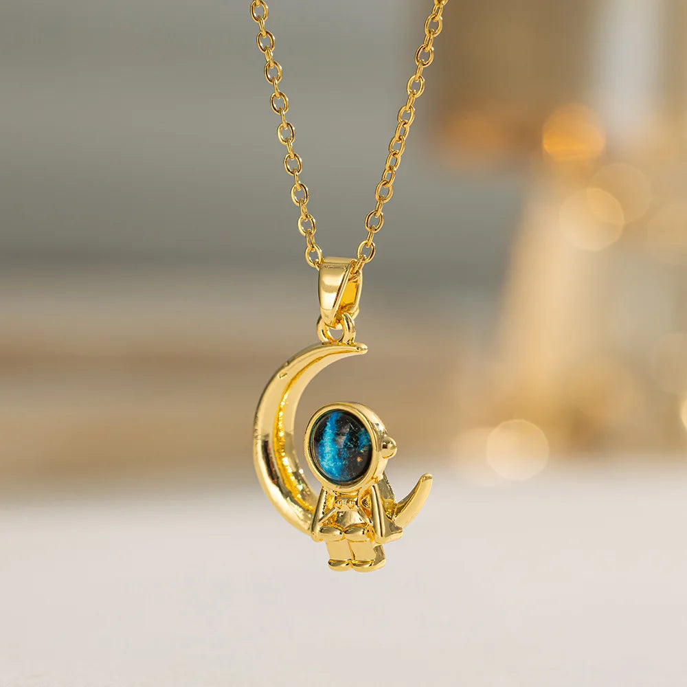 Creativity Trendy Stainless Steel Blue Crystal Planet Spaceman Moon Pendant Necklace for Women Cute Zircon Collar Jewelry Gift