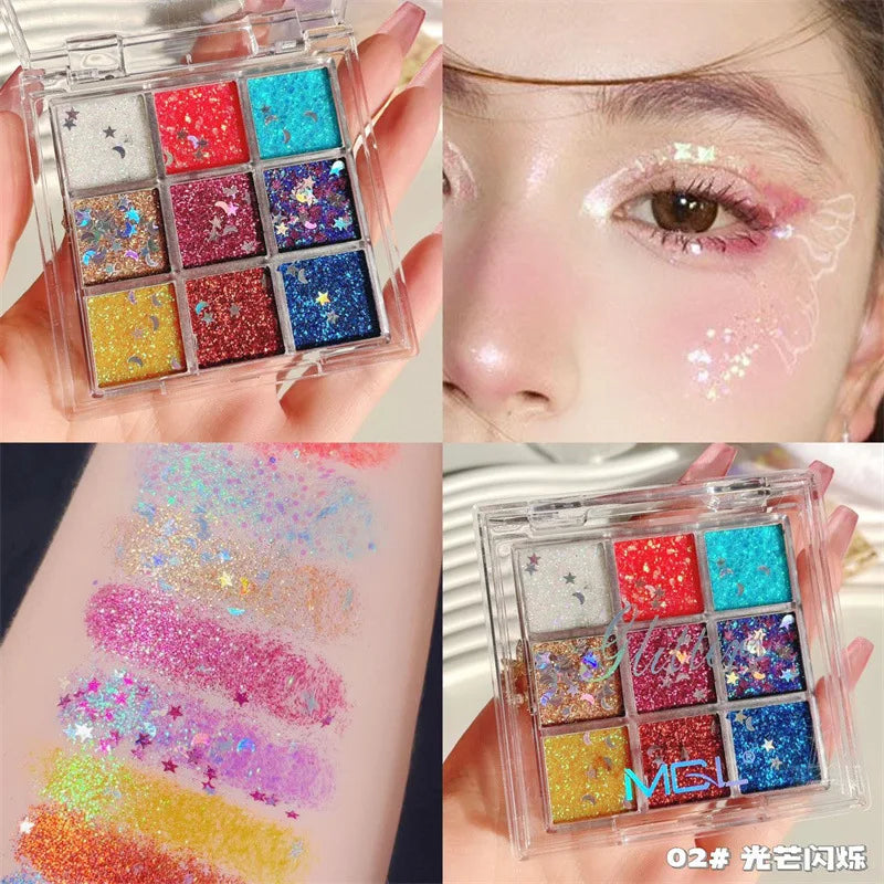 16-Color Bling Jelly Eye Shadow Palette Heart Sequin Glitter Pumpkin/Purple/Cherry/Blue/Gold Shade Stage Performance Make up