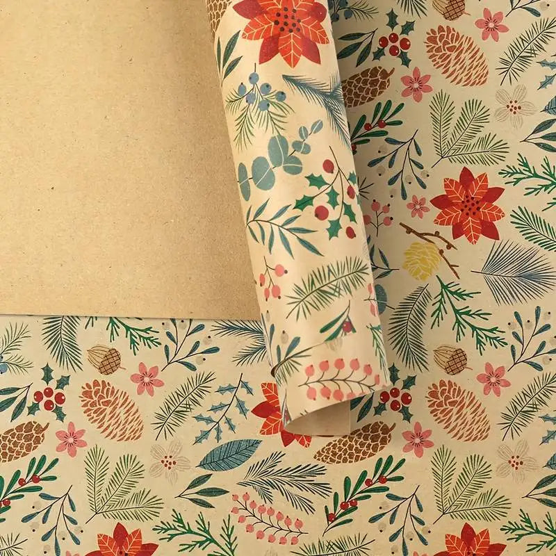 1 Roll 10m Large Size Christmas Themed Gift Wrapping Paper Plant Leaves Flowers Decoration Kraft Paper DIY Gift Wrapping Supplies