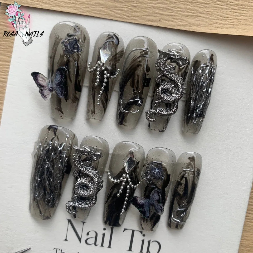 Punk Dragon Charms Press on Nail Artificial Long False Nails XS Black Dragons Goth Presson Tips Butterfly Fake Nail y2k Pressons