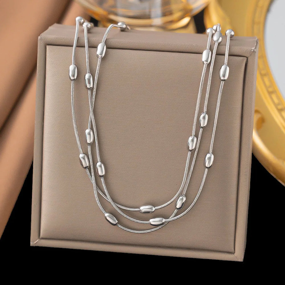 Personalized Design Gold Color Stainless Steel Multiple Layers Round Bead Bracelet for Women Charm Necklace Jewelry Set Gift