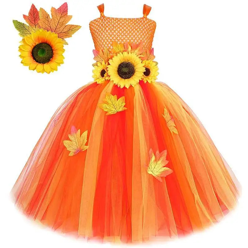 Maple Leaf Sunflower Fairy Costumes Girls Fall Autumn Long Tutu Dress for Kids Thanksgiving Halloween Fancy Outfit with Wings