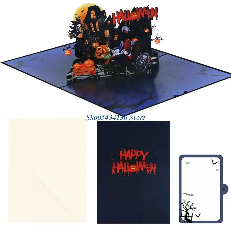 H7ED Halloween Themed Vampires Greeting Card Popup Haunting House Scene Party Supply Decoration