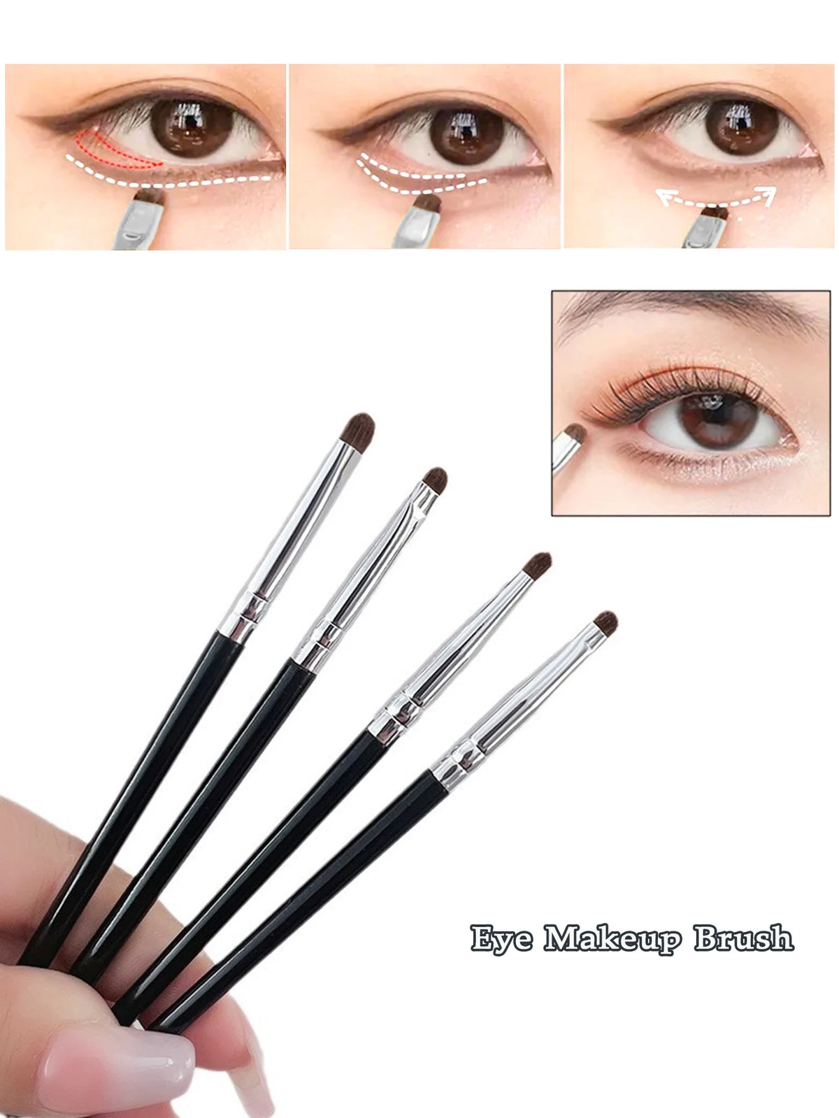 1 Set Of 4 Black Eye Detail Makeup Brushes Pony Hair Precision Eye Shadow Lying Silkworm Brightening Eyeliner Applicator Small