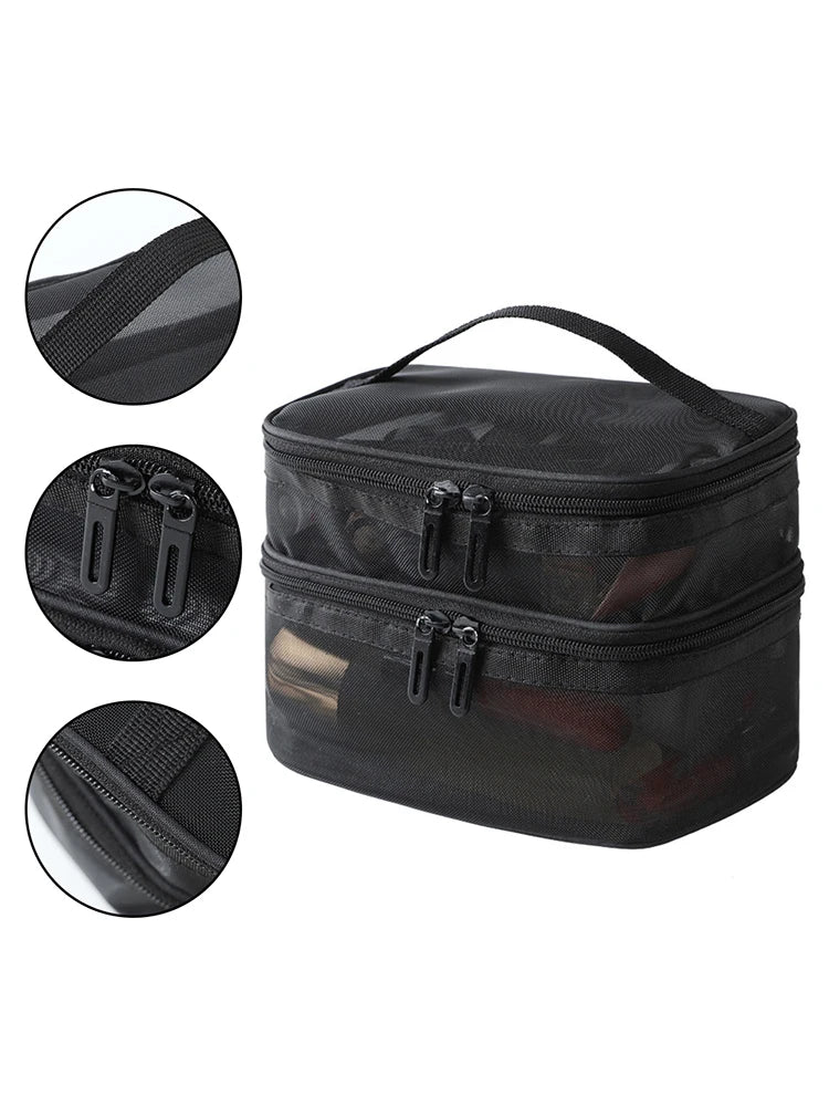 Double Layer Mesh Makeup Bag, Wash Bag, Women's Portable New Large Capacity Storage Bag, Cosmetics Storage Bag