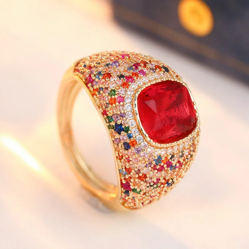 Vintage Gold Plated Ring, Colorful Synthetic Zircon Inlay Design, Sparkling Party Banquet Women's Ring, Elegant Jewelry