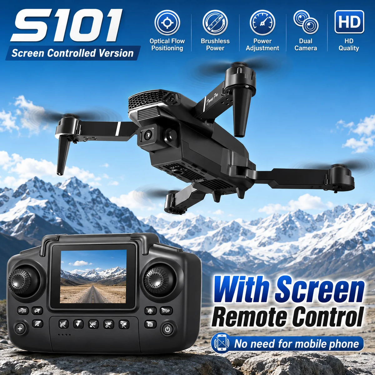 ZNLYRION 2.4Ghz RC Drone with HD Dual Camera Altitude Hold Path Planning Flight 3-Speed Adjustable Foldable Drone Toy