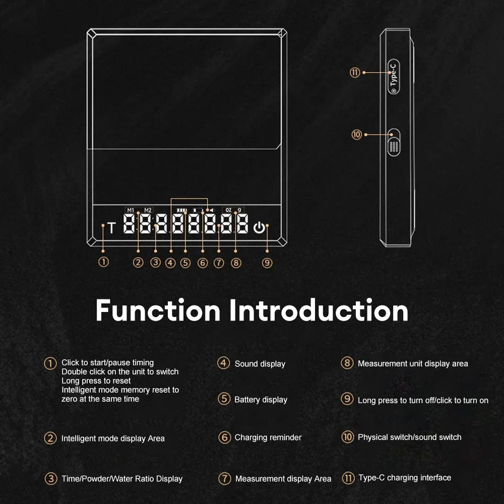 Youpin Kitchen Coffee Scale with Timer Rechargeable Digital Scale 0.1g High Precision 3 Modes Drip Espresso Scale Barista