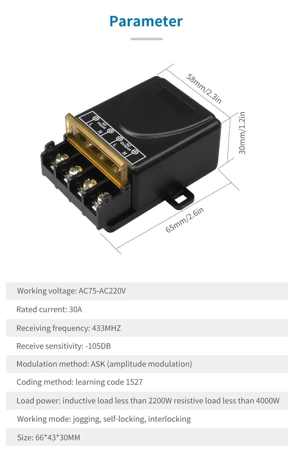 AC 75-220V DC 9-72V RF433Mhz Wireless Remote Control Switch 12V 24V 110V 220V 30A Relay Receiver for Water Pump Motor LED Light