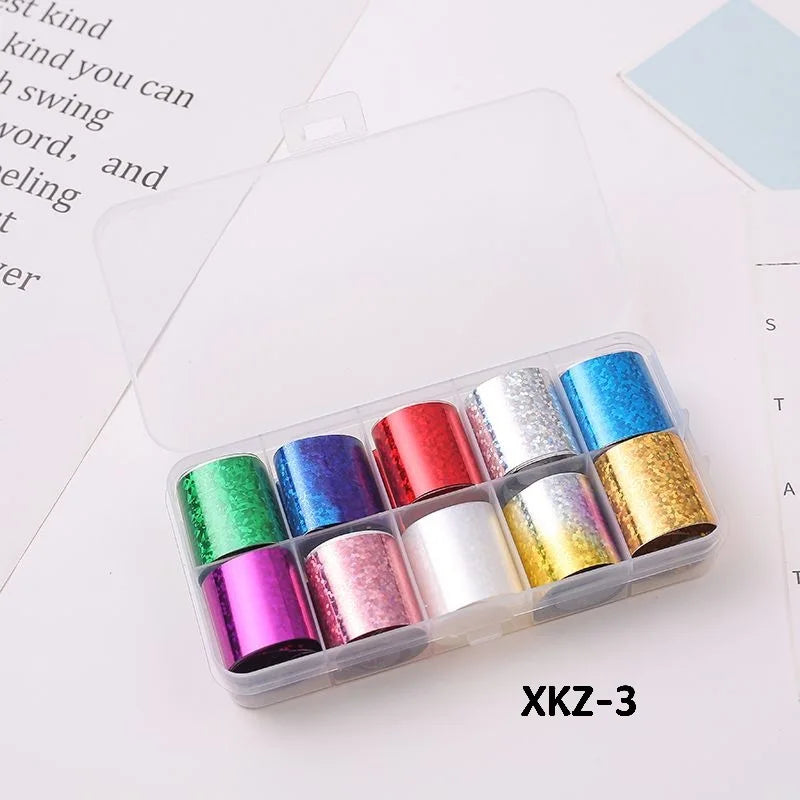 10 Rolls/ Box Charm Nail Foils Polish Stickers Metal Color Starry Paper Transfer Foil Wraps Adhesive Decals Nail Art Decorations