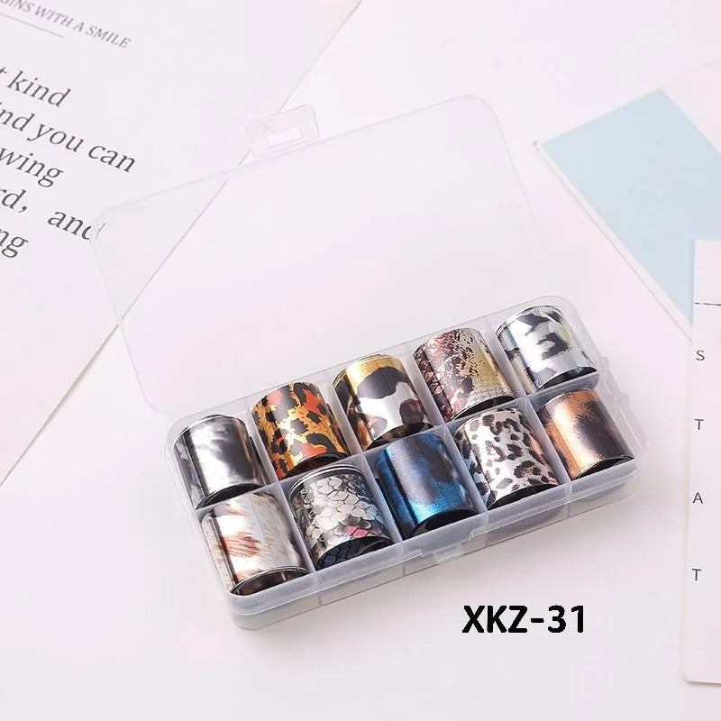 10 Rolls/ Box Charm Nail Foils Polish Stickers Metal Color Starry Paper Transfer Foil Wraps Adhesive Decals Nail Art Decorations