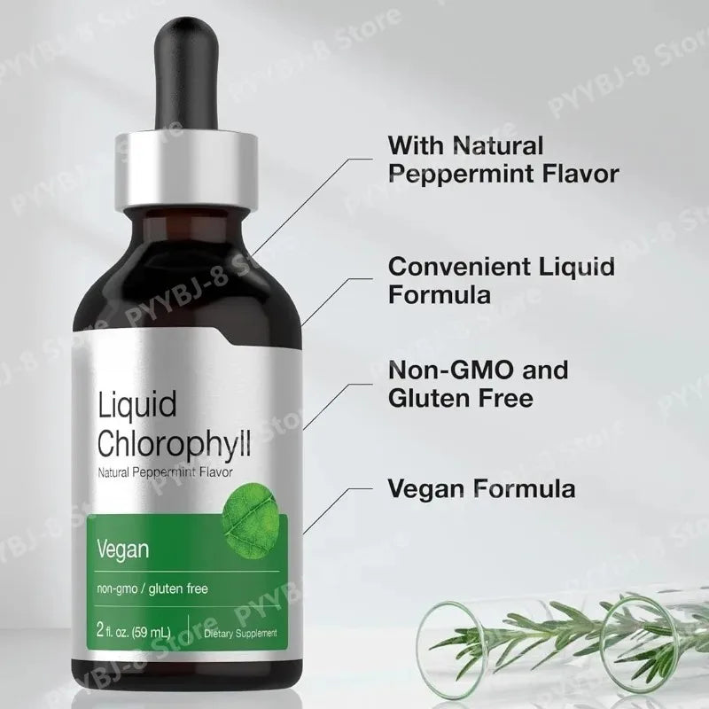 Liquid Chlorophyll Drops 59ml Peppermint Herbal Extract Vegan Non-GMO Dietary Supplement Mix with Water Support Antioxidant