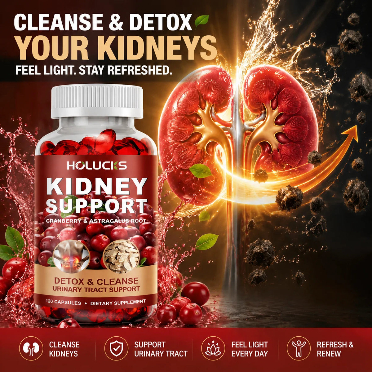 Kidney Cleanse & Detox Supplement, with Cranberry, Astragalus Root, for Kidney Restore, Support Bladder & Urinary Tract Health