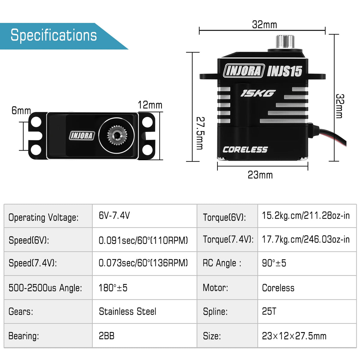 INJORA INJS15 15KG Waterproof Coreless High Torque Servo with Mount & Horn for 1/24 SCX24