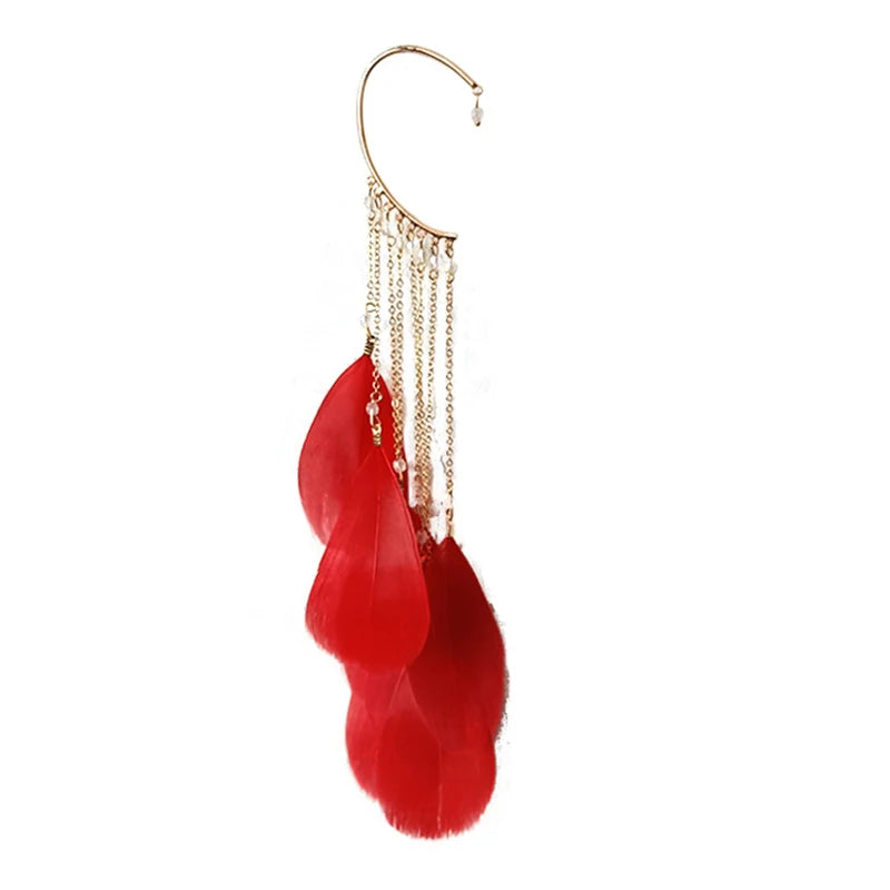 Bohemian Colour Feather Ear Hook Clip on Earrings Without Piercing for Women Accessories Long Tassels Cuff Earring Jewelry