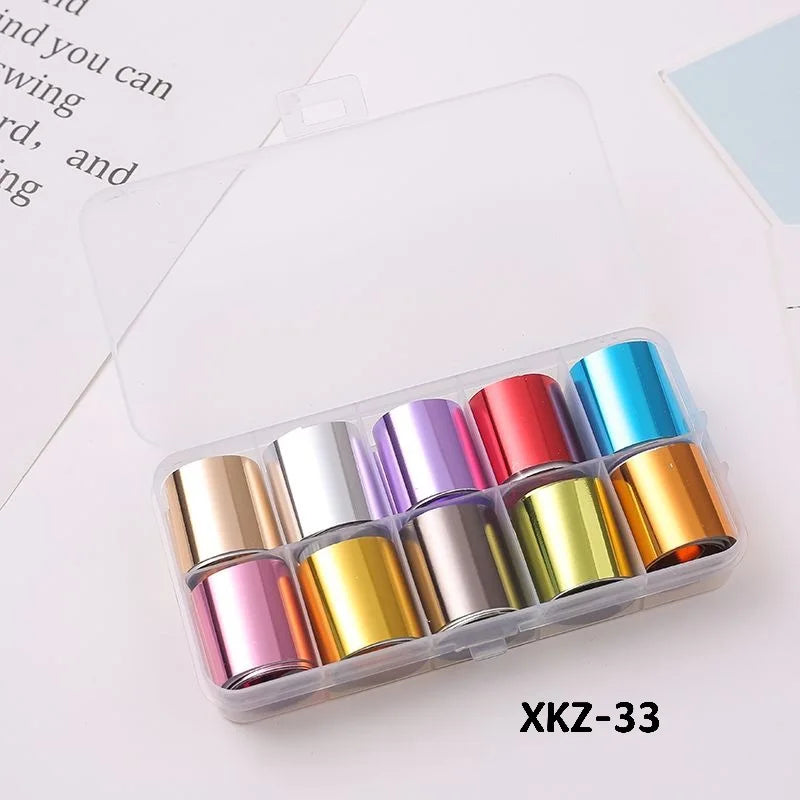 10 Rolls/ Box Charm Nail Foils Polish Stickers Metal Color Starry Paper Transfer Foil Wraps Adhesive Decals Nail Art Decorations