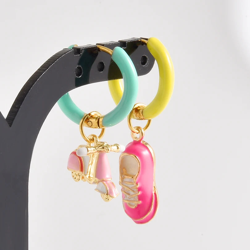 1Pair Dopamine Enamel Sweet Heart  Cute Bee Flower Y2K Girl Aesthetic Aretes Funny Food Cake Gothic Star Hoop Earrings Jewelry