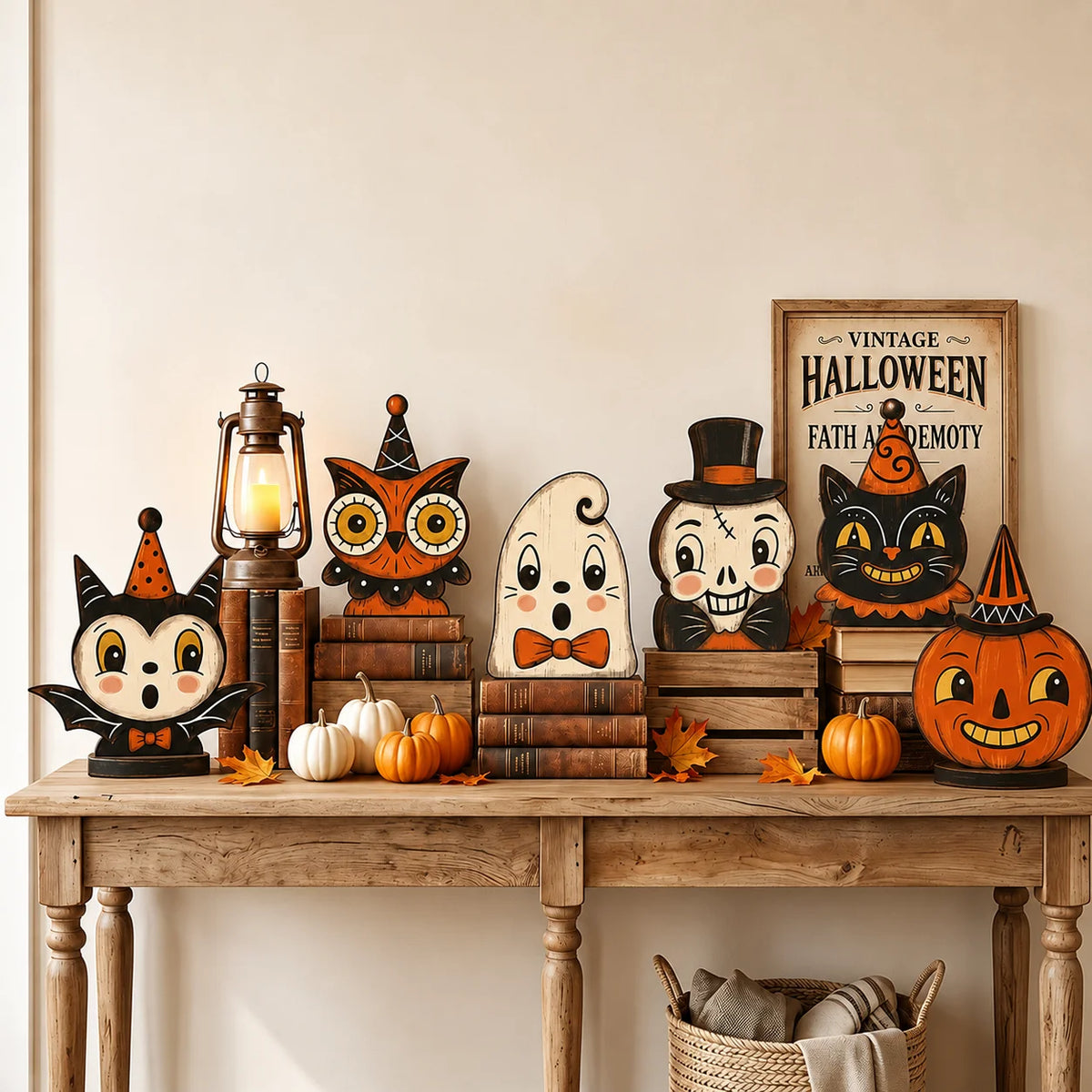 1/6pc Halloween Decor Indoor Retro Wooden Block for Shelf Decoration,Cute Ghost,Pumpkin,Black,Cat,Skeleton,Owl,Housewarming Gift