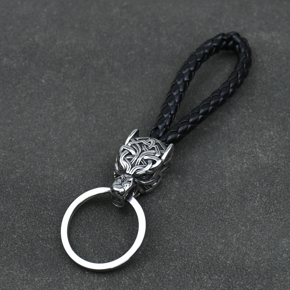 1Pcs Stainless Steel Wolf Amulet Jewelry PU Braided Woven Leather Keychain Viking Accessories Key Ring For Knife Car Decoration