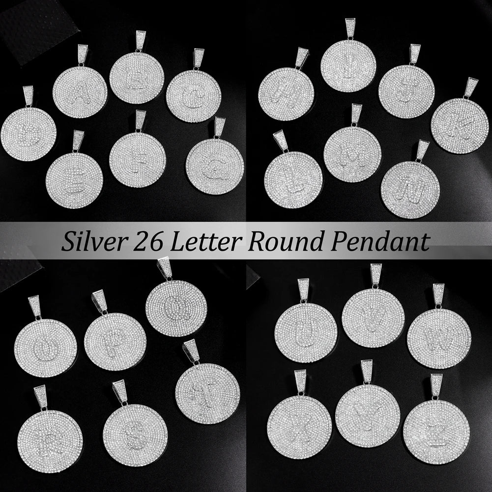 Iced Out Round Initial Pendant Necklace 14MM Rhombus Cuban Link Chain 26 Letters Chain Necklaces Women Men Hiphop Jewelry
