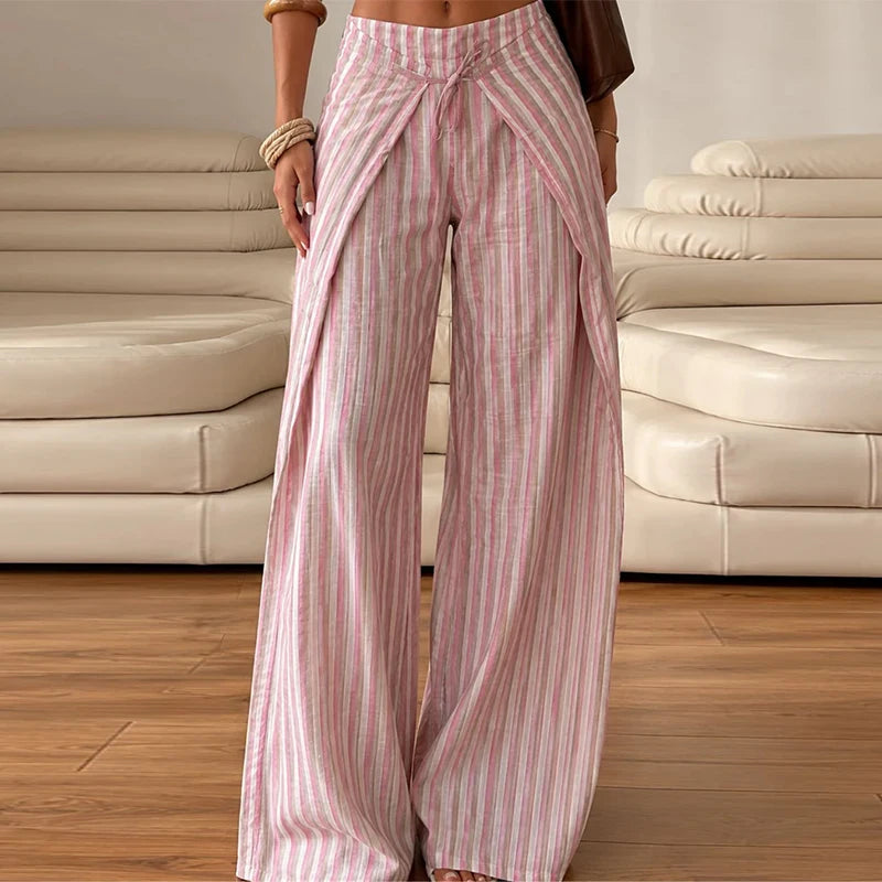 Pants Leg Stripe Women's Trousers Adjustable Waist Wrap Loose Summer Floor Length Boho Palazzo Trousers Women's Outfit For Women