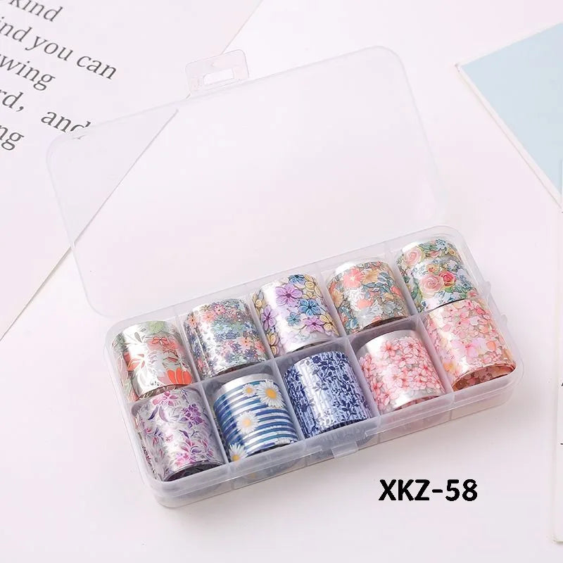 10 Rolls/ Box Charm Nail Foils Polish Stickers Metal Color Starry Paper Transfer Foil Wraps Adhesive Decals Nail Art Decorations