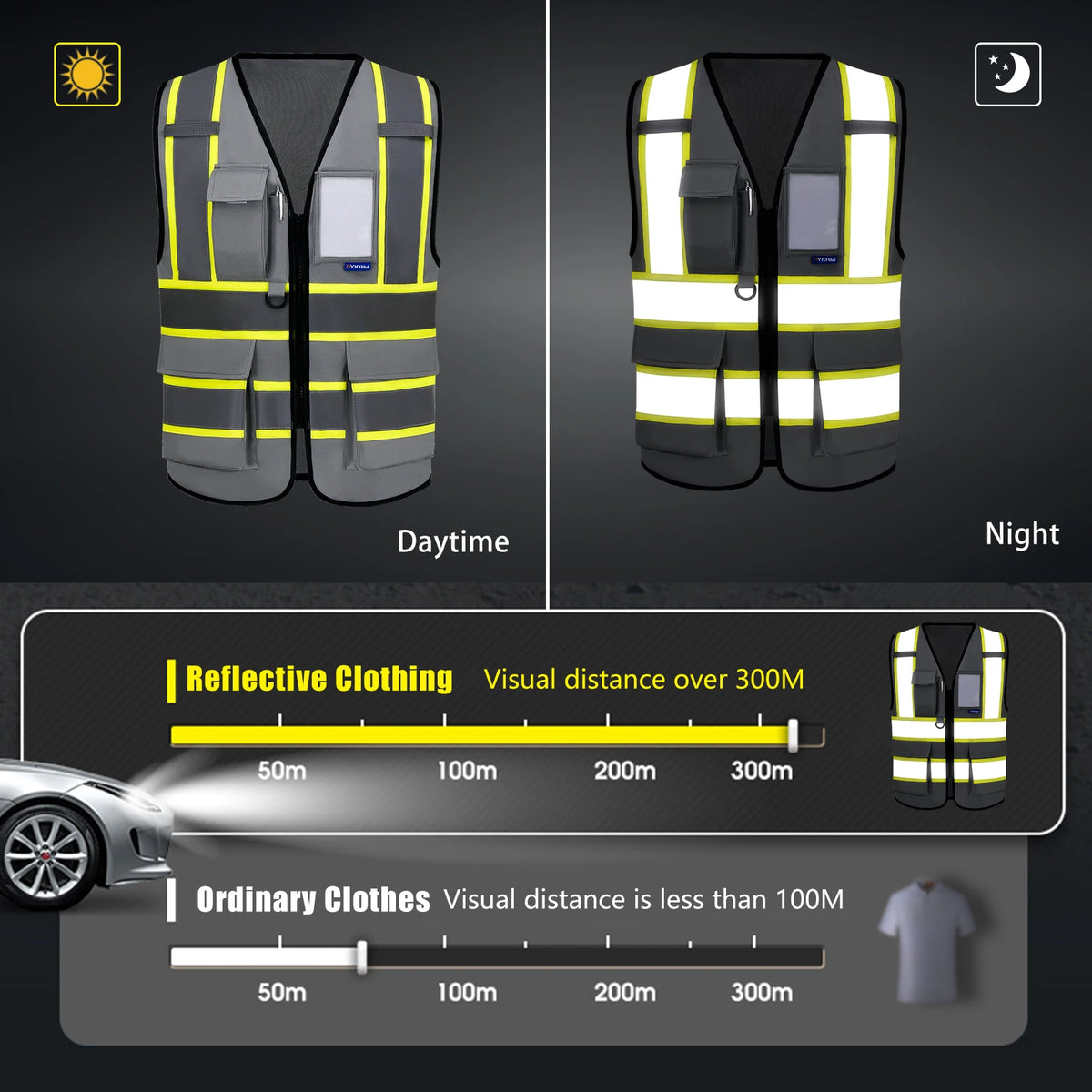 AYKRM High Visibility Safety Vest with Pockets Reflective Strips and Zipper,Yellow Orange(XS-6XL)