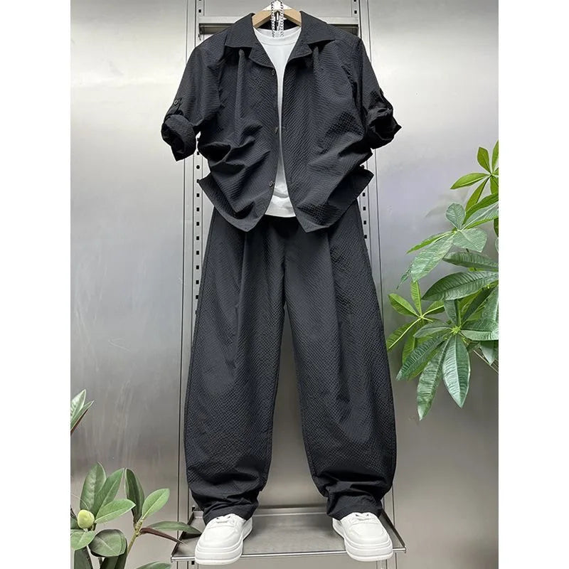 2026 Summer Men's Seersucker 2 Piece Set Short Sleeve Shirt & Pants Casual Loose Fit Breathable Co-ord Suit for Vacation
