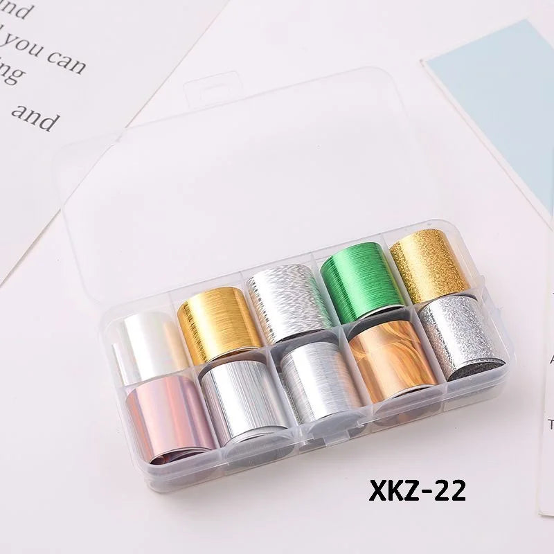 10 Rolls/ Box Charm Nail Foils Polish Stickers Metal Color Starry Paper Transfer Foil Wraps Adhesive Decals Nail Art Decorations