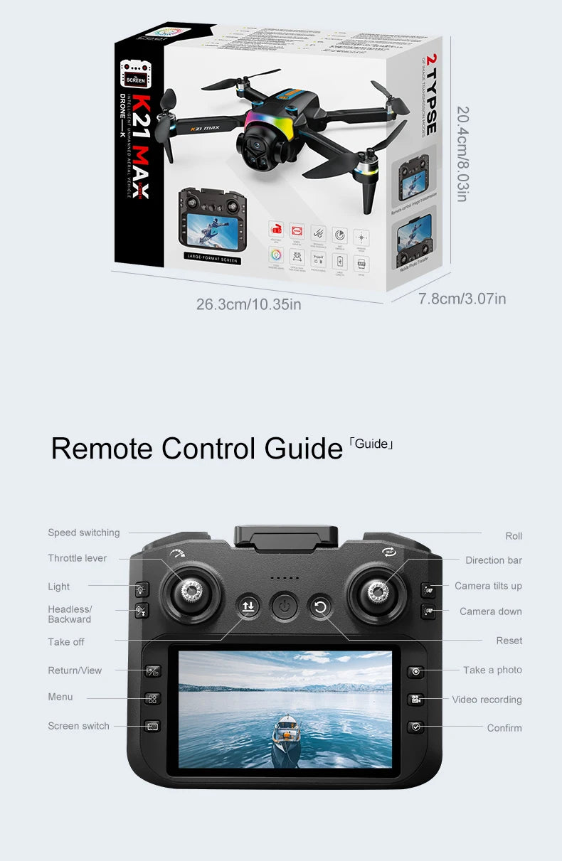 The K21MAX Drone, Equipped with a 4.3-Inch Built-in Screen Remote Controller, Is a Portable Remote-Controlled Quadcopter Suitable for Beginners. It Supports Optical Flow Hovering, Automatic Return-to-Home, and Makes a Great H