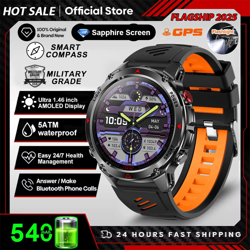 2025 New Military Bluetooth Call Smart Watch Built-in GPS Compass Barometric Altimeter 3ATM Waterproof Sports Smartwatches Men